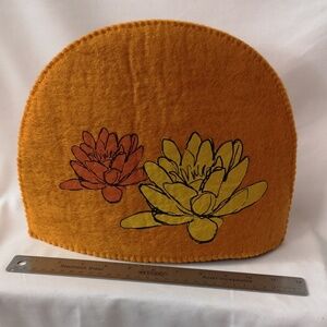 Vintage Boho Handmade Tea Cover Cozy Mustard Yellow with Floral Design